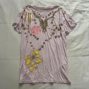 Tsumori Chisato Cute purple and gold glitter print draped top Size 2